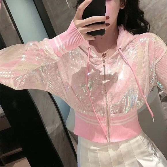 Sequin hoodie bomber jacket shiny sparkle pink black white stripe sporty… - Picture 7 of 8